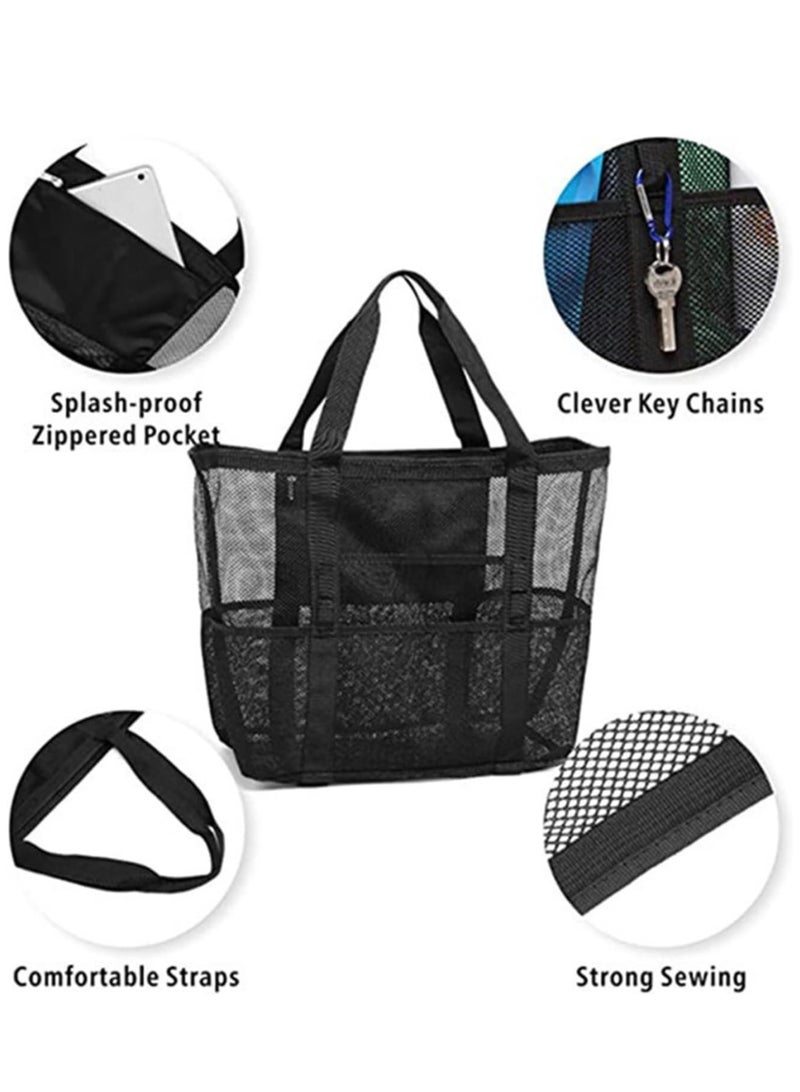 Mesh Beach Bag with Zipper,Beach Tote Waterproof Sandproof, with 9 Pockets for Toys Pool Bag Beach Accessories - Image 4