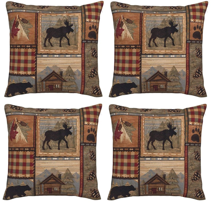 DATANSEN Set of 4 Square 18x18 inch Retro Brown Throw Pillow Covers Rustic Lodge Bear Moose Decorative Throw Pillowcase for Home Sofa Thick Cotton Linen Cushion Cases (45x45 cm) Paw Prints Cabin - Image 1