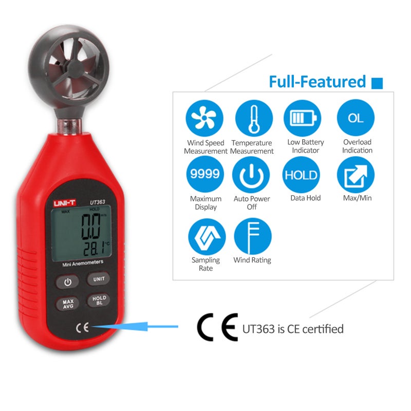 مقياس سرعة الريح الرقمي المحمول الصغير UT363 - جهاز فحص درجة الحرارة مع شاشة LCD لقياس سرعة تدفق الهواء ومستوى الريح 0~12 - Image 5