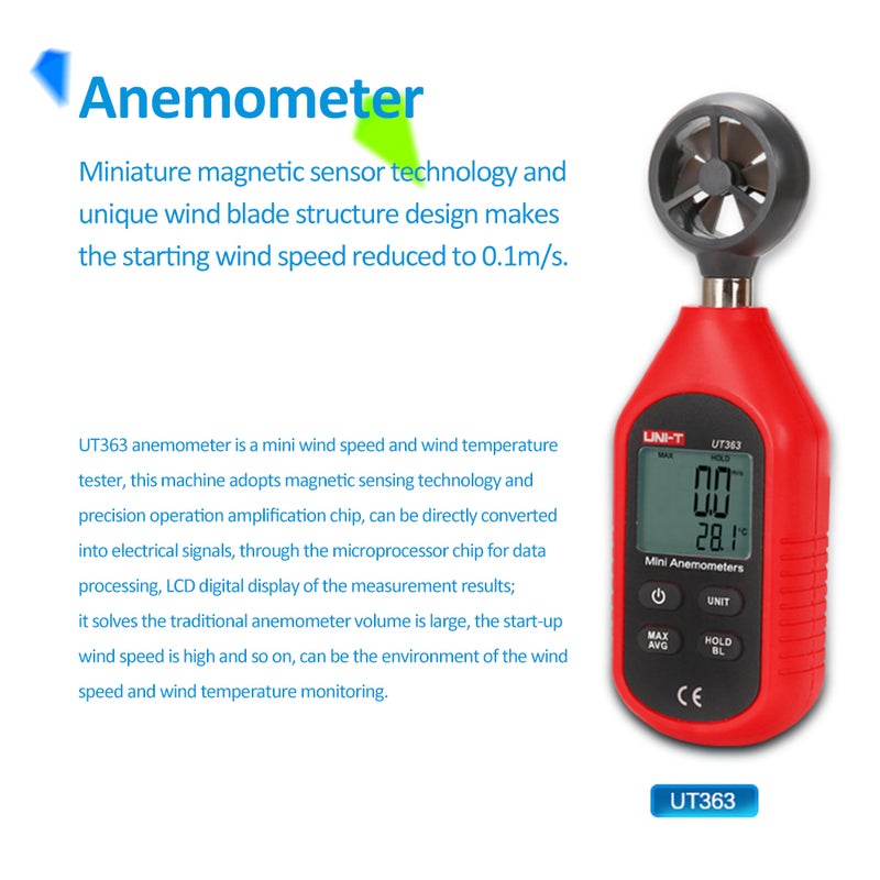 مقياس سرعة الريح الرقمي المحمول الصغير UT363 - جهاز فحص درجة الحرارة مع شاشة LCD لقياس سرعة تدفق الهواء ومستوى الريح 0~12 - Image 2