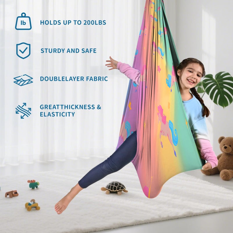 OUTREE Sensory Swing for Kids, Double Layer Therapy Hammock, Indoor Swing with 360Â° Swivel Hanger Kit and Adjustable Straps, Autism Sensory Product for Autism, ADHD (Unicorn Printed) - Image 2