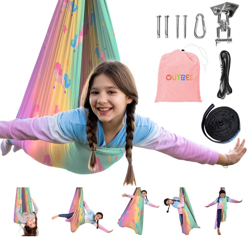 OUTREE Sensory Swing for Kids, Double Layer Therapy Hammock, Indoor Swing with 360Â° Swivel Hanger Kit and Adjustable Straps, Autism Sensory Product for Autism, ADHD (Unicorn Printed) - Image 1