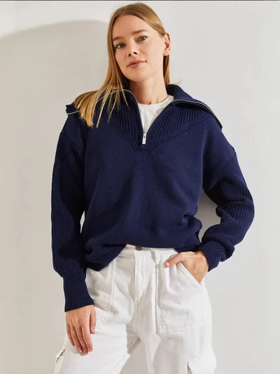 Bianco Lucci LUCCI Zipper Collar Knit Sweater