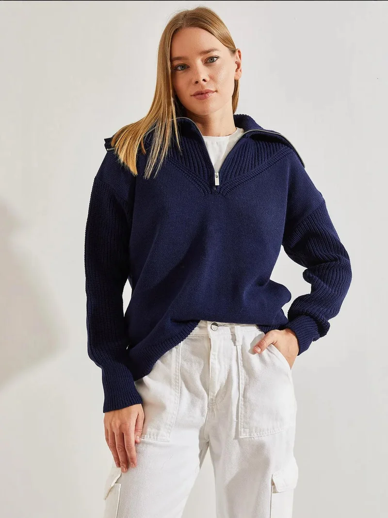 Bianco Lucci LUCCI Zipper Collar Knit Sweater