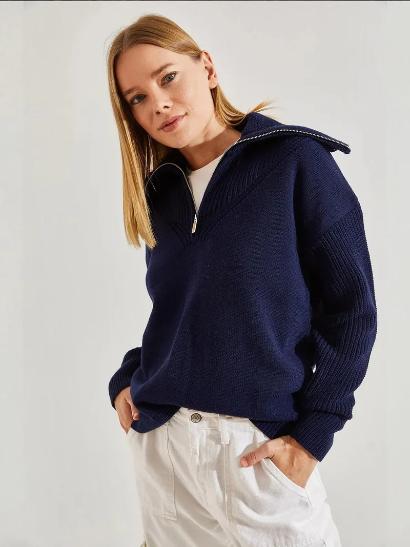 Bianco Lucci LUCCI Zipper Collar Knit Sweater