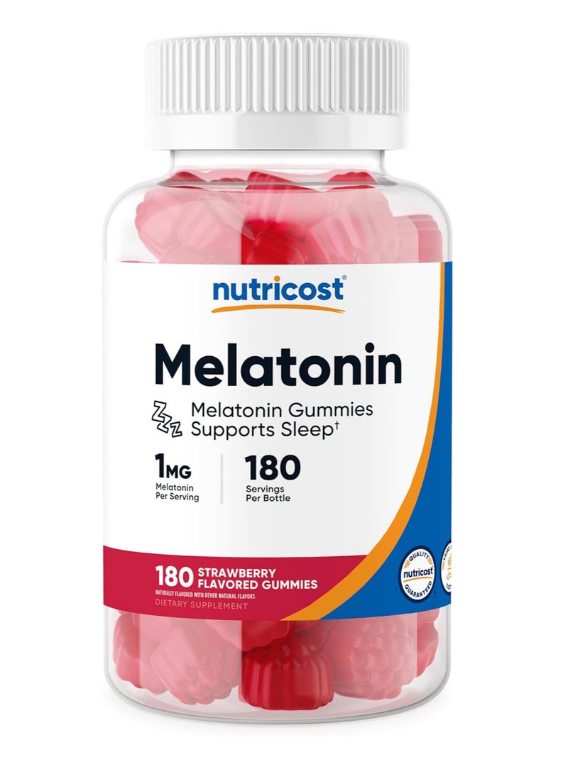 Nutricost Melatonin 1mg, 180 Gummies, Strawberry Flavored - Gluten Free, Non-GMO, No Corn Syrup - Image 1