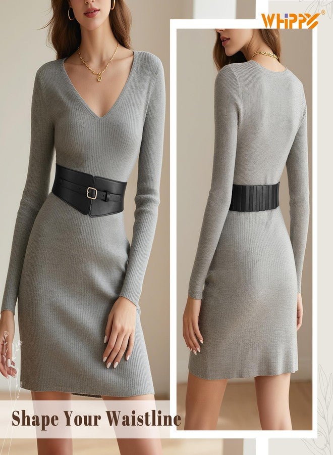 WHIPPY Women Wide Elastic Waist Belt Wide Leather Stretch Belt Fashion Ladies Waistband for Dresses, Black, M - Image 2