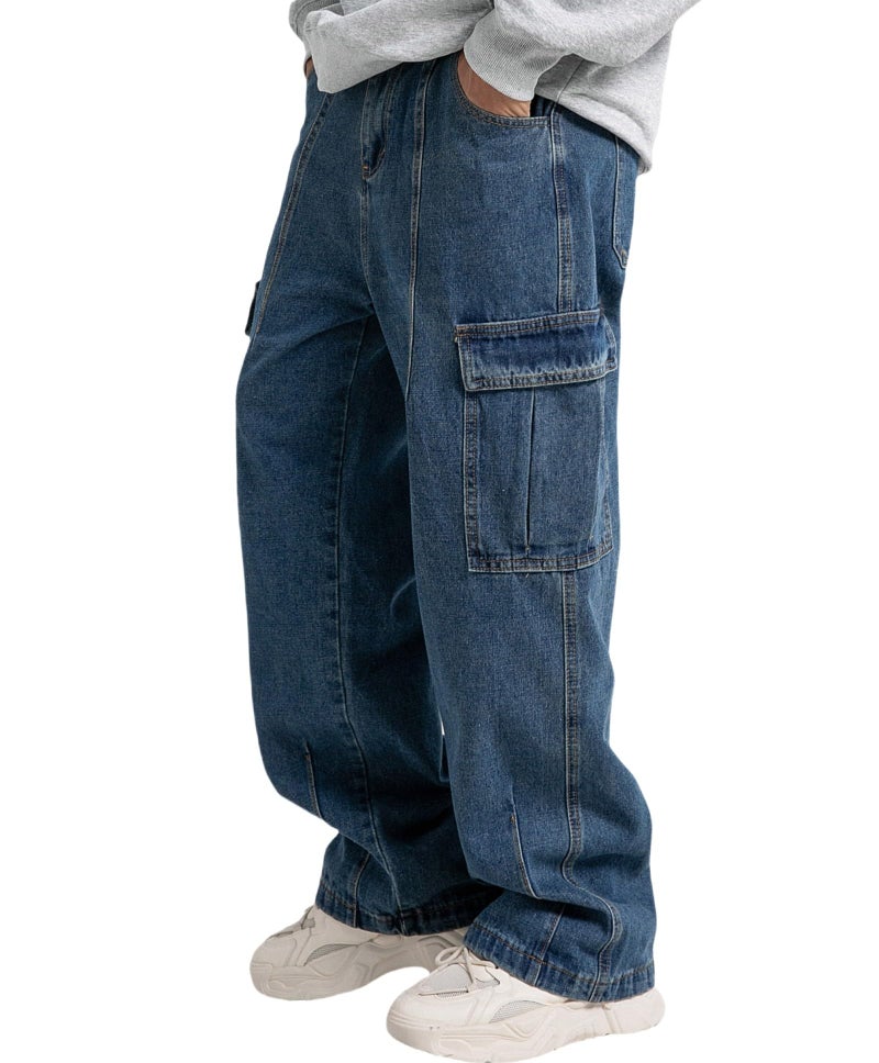 FantasyGears Mens Baggy Jeans for Men Women Y2k Skater Vintage Plain Pants Multiple Pockets Casual Wide Leg Loose Fit Cargo Denim Jeans Blue - Image 1