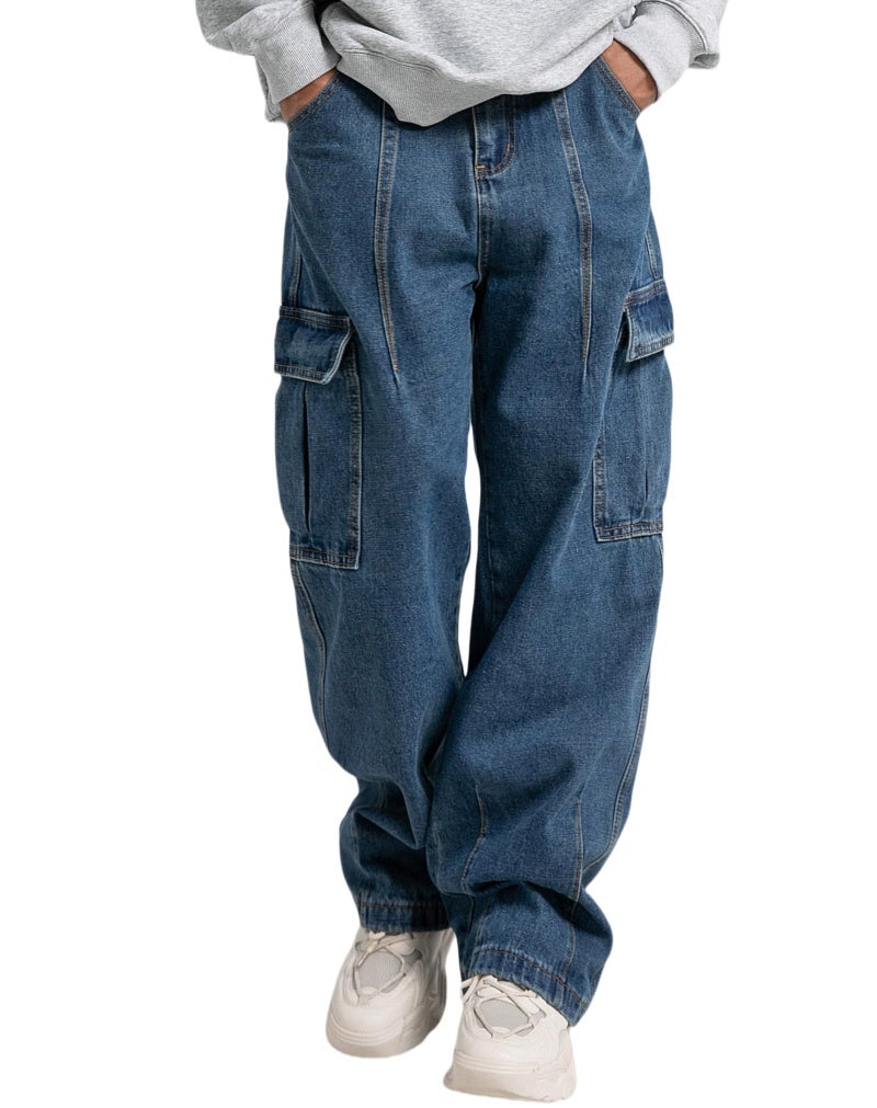 FantasyGears Mens Baggy Jeans for Men Women Y2k Skater Vintage Plain Pants Multiple Pockets Casual Wide Leg Loose Fit Cargo Denim Jeans Blue - Image 4