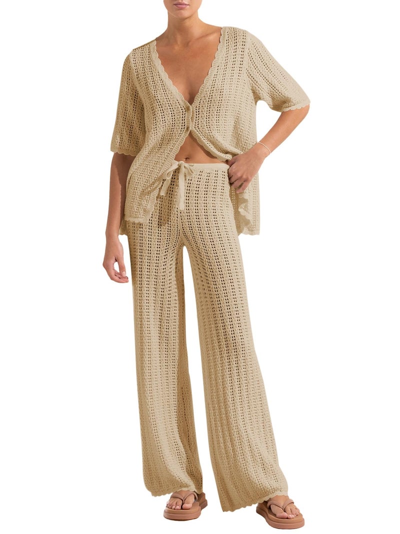 Imily Bela Women's Summer 2 Piece Swimsuit Cover Up Crochet Knit Cardigan Tops Long Pants Set Bathing Suit Beach Outfits - Image 1