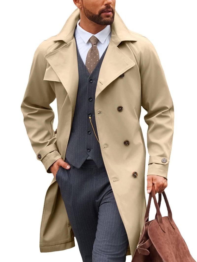 Runcati Mens Trench Coat Double Breasted Notched Lapel Casual Belted Windbreaker Fall Classic Long Jacket Overcoat
