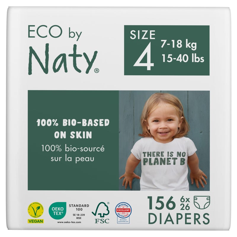 Eco by Naty EcoFriendly Baby Diapers 100 PlantBased Materials on Skin Soft for Sensitive Skin Super Absorbent Size 4 156 Count
