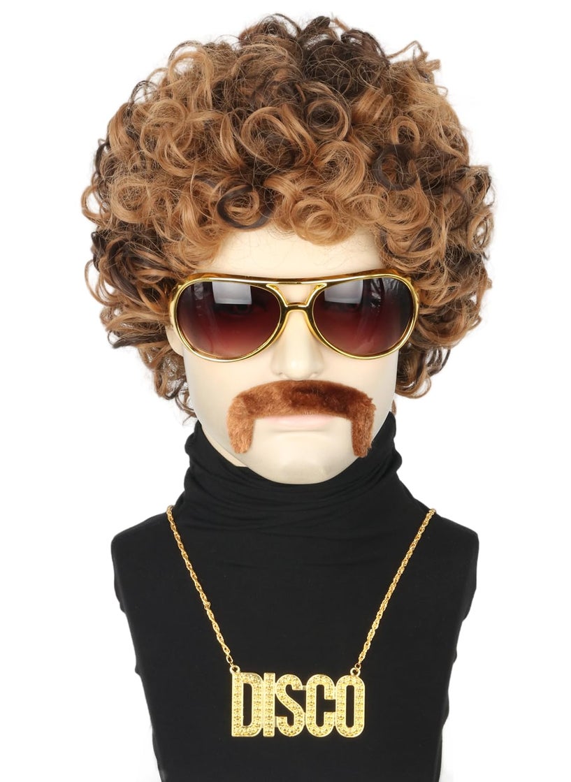 Topcosplay - 5Pcs Set 70s 80s Disco Wig for Men or Women Afro Wig with Glasses Necklace Moustache Short Curly Hippies Wigs Blonde Brown - Image 1