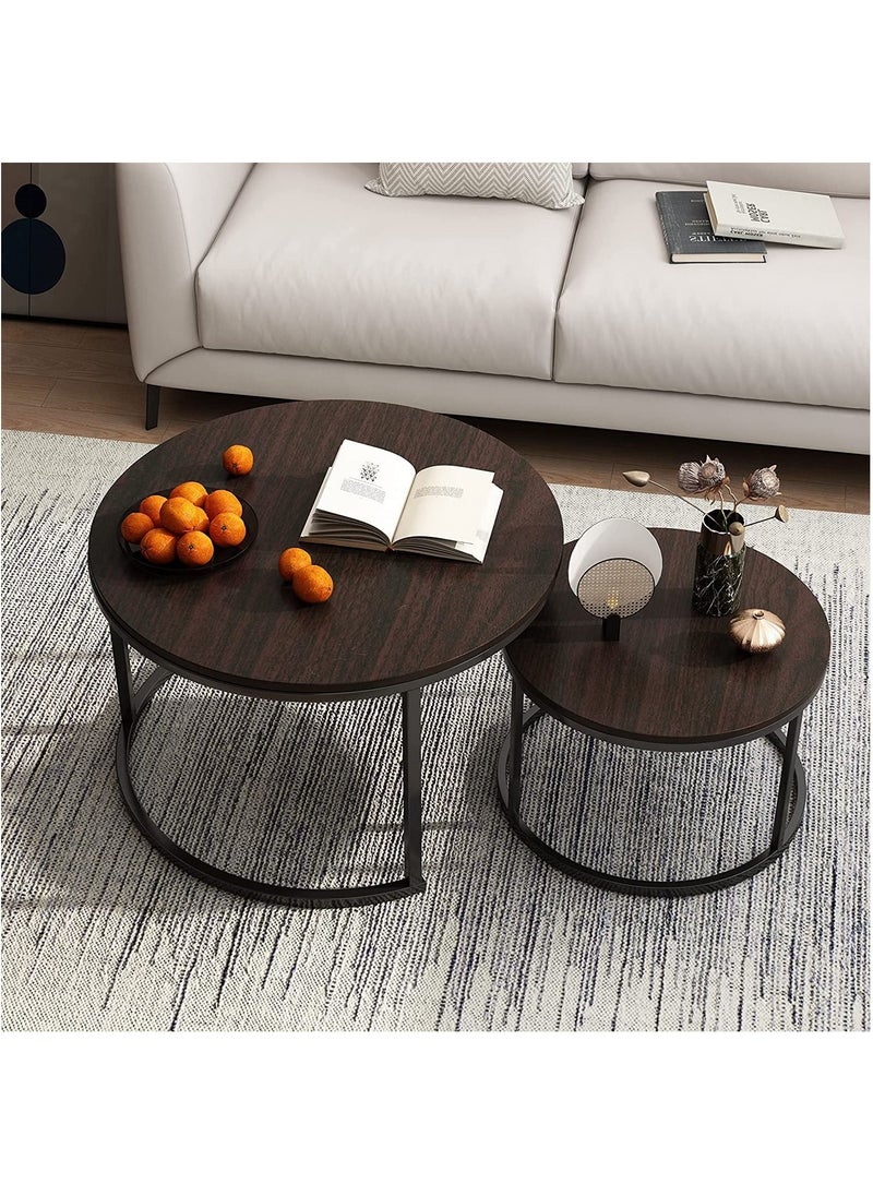 SKY-TOUCH - REAL WOOD Round Coffee Table Set of 2 Side Tables Stacking Side Tables with Solid Wood Grain Table and Metal Frame for Living Room Strong and Simple to assemble Rustic Brown and Black Walnut - Image 1
