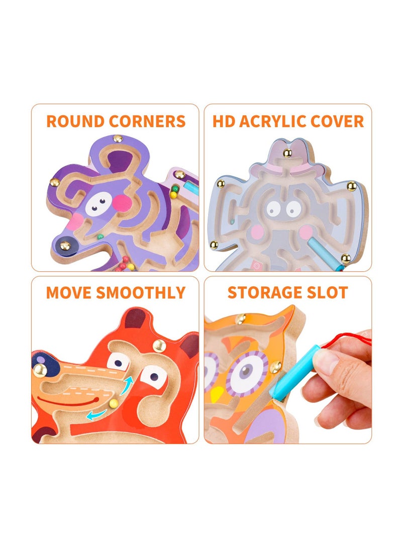 Excefore 4PCS Animal Magnetic Maze Toys for Kids, Interactive Puzzle Game Board, Montessori Labyrinth, STEM Activity for Child Fine Motor Skill Development, Preschool Birthday Gift, Wooden, 7x8in - Image 2