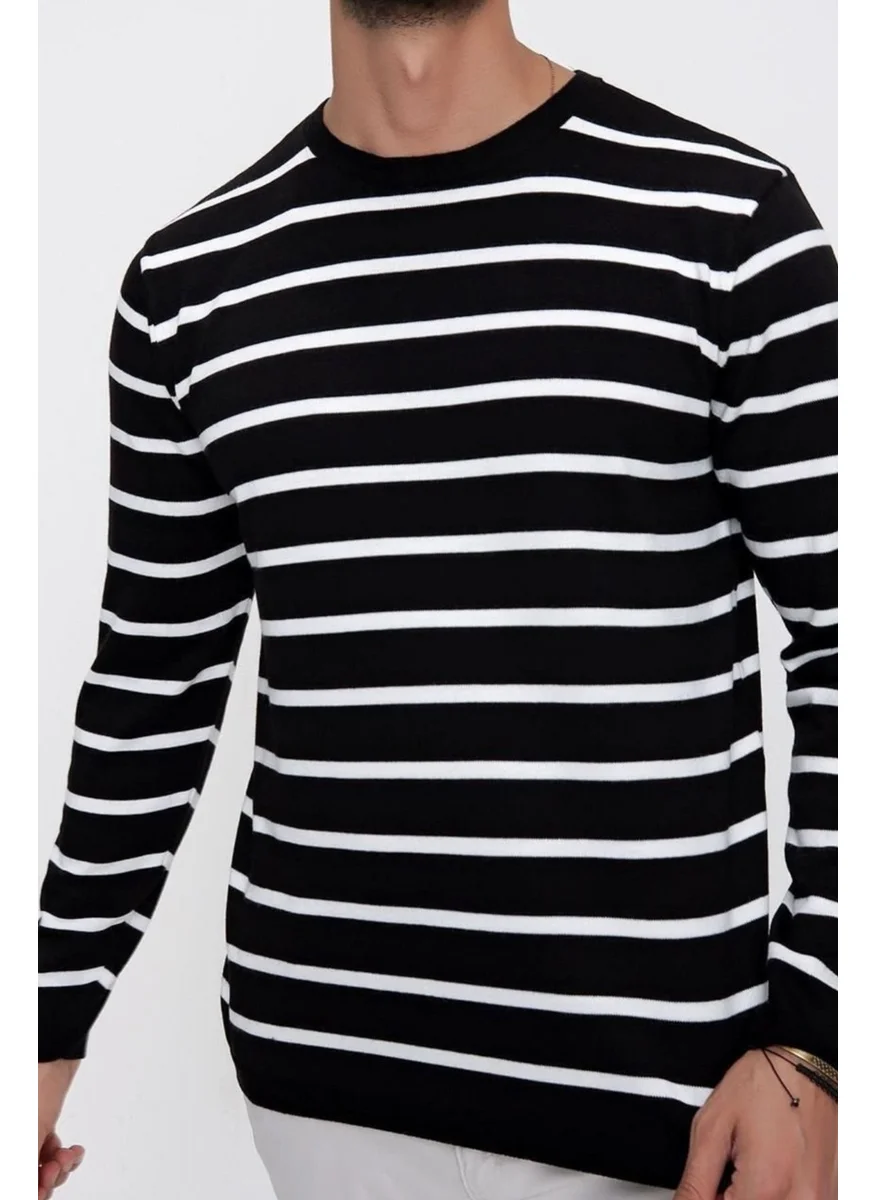 Cool Tarz Cool Style Men's Black Crew Neck Striped Casual Knitwear Sweater