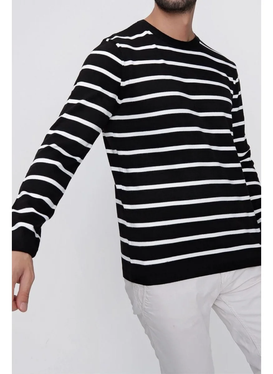 Cool Tarz Cool Style Men's Black Crew Neck Striped Casual Knitwear Sweater