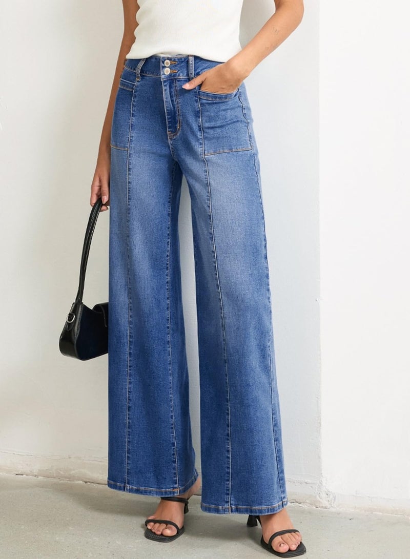 Sidefeel Jeans for Women Baggy Wide Leg High Waisted Stretchy Loose Fit Ankle Denim Jeans Dark Blue Size 10 - Image 3
