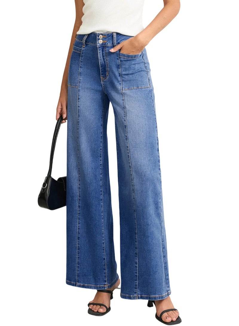 Sidefeel Jeans for Women Baggy Wide Leg High Waisted Stretchy Loose Fit Ankle Denim Jeans Dark Blue Size 10 - Image 1