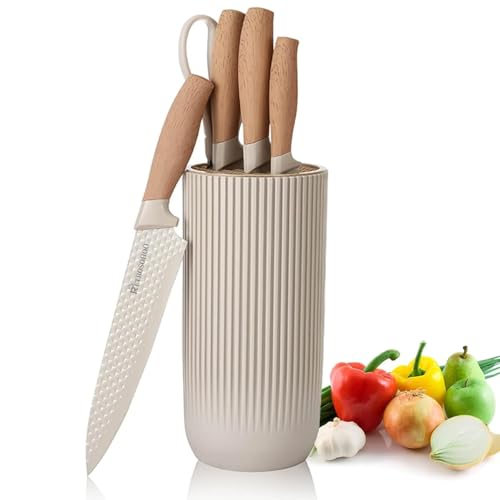 RETROSOHOO Kitchen Knife Set, Retrosohoo 6-Pieces Khaki Sharp Knife Block Sets for Kitchen, Non-stick Non-slip Stainless Steel Chef knives with Universal Block Suitable for Home Restaurant (Khaki) - Image 1