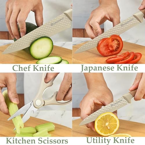 RETROSOHOO Kitchen Knife Set, Retrosohoo 6-Pieces Khaki Sharp Knife Block Sets for Kitchen, Non-stick Non-slip Stainless Steel Chef knives with Universal Block Suitable for Home Restaurant (Khaki) - Image 4
