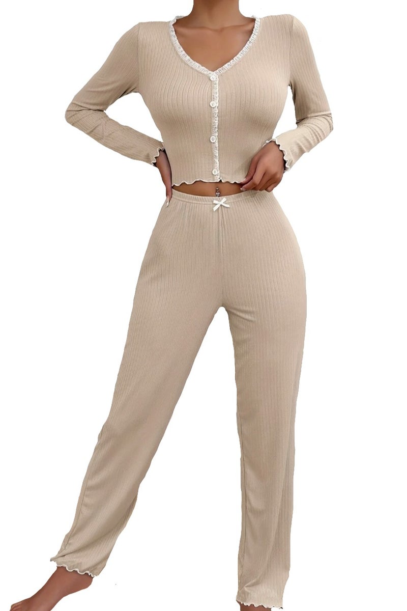 SOLOBUY Outlet Pyjama Sets Women, Crop Tops V Neck Long Sleeve Shirts Ruffles Pants Fashionable Clothing - Image 1