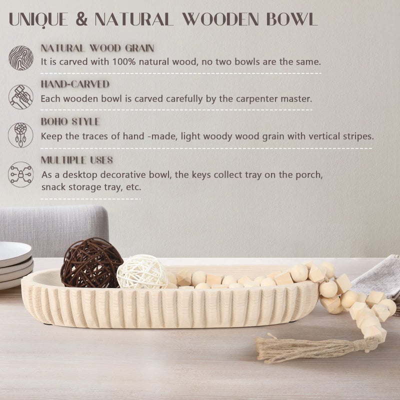 Oakrain Wooden Decorative Dough Bowl for Home Decor, Unique Centerpiece Bowl, Wood Bowl with Hand Carved Vertical Stripes, Home Decor Accents for Farmhouse Boho Rustic Style (16.3"x 6" Light Wood Color) - Image 3