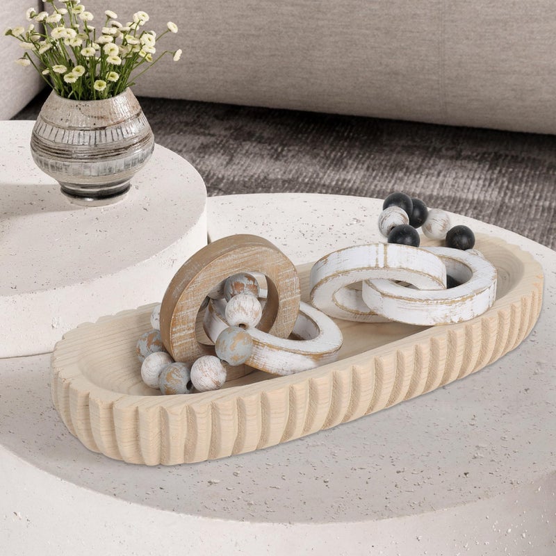 Oakrain Wooden Decorative Dough Bowl for Home Decor, Unique Centerpiece Bowl, Wood Bowl with Hand Carved Vertical Stripes, Home Decor Accents for Farmhouse Boho Rustic Style (16.3"x 6" Light Wood Color) - Image 5