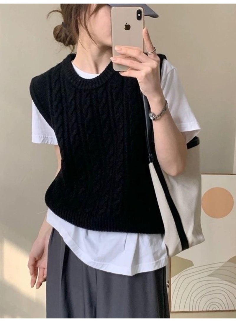 NIBEMINENT Sweater Vests Women Knitted O-neck Loose Casual Elegant Simplicity Korean Style Teperamnet  Autumn Fashion