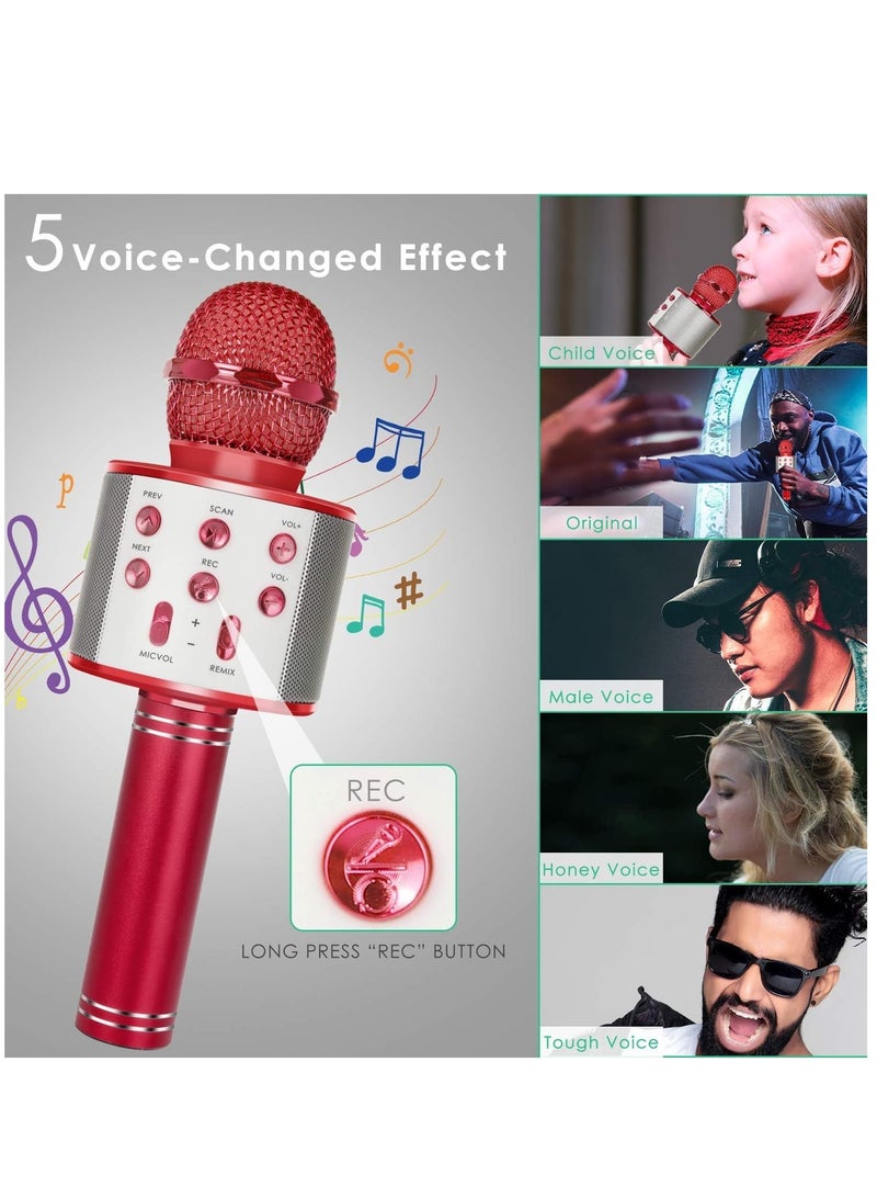 Wireless Bluetooth Karaoke Microphone for Kids, 5-in-1 Portable Handheld Karaoke Mic Speaker Player Recorder with Adjustable Remix FM Radio for Kids Girls Boys Teens Birthday (Red) - Image 5