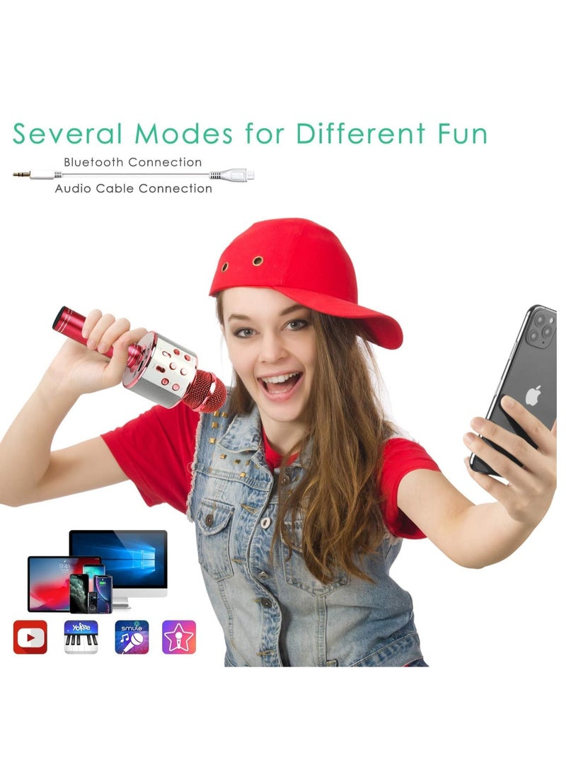 Wireless Bluetooth Karaoke Microphone for Kids, 5-in-1 Portable Handheld Karaoke Mic Speaker Player Recorder with Adjustable Remix FM Radio for Kids Girls Boys Teens Birthday (Red) - Image 4