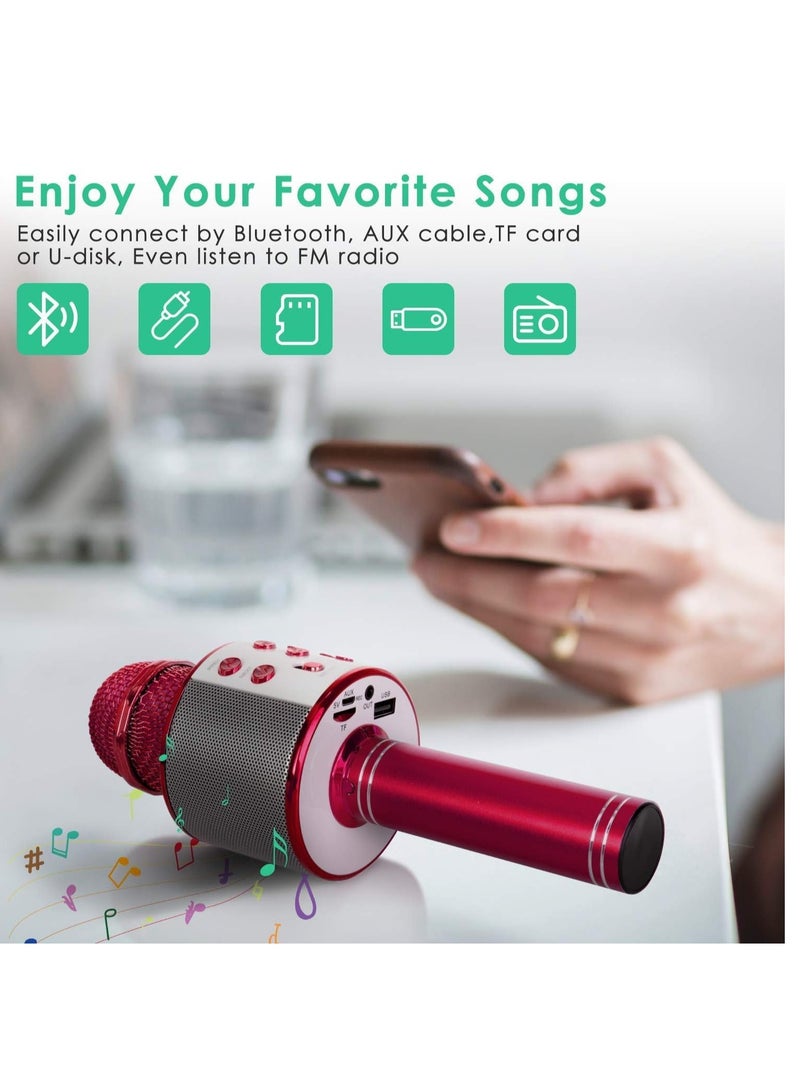 Wireless Bluetooth Karaoke Microphone for Kids, 5-in-1 Portable Handheld Karaoke Mic Speaker Player Recorder with Adjustable Remix FM Radio for Kids Girls Boys Teens Birthday (Red) - Image 3