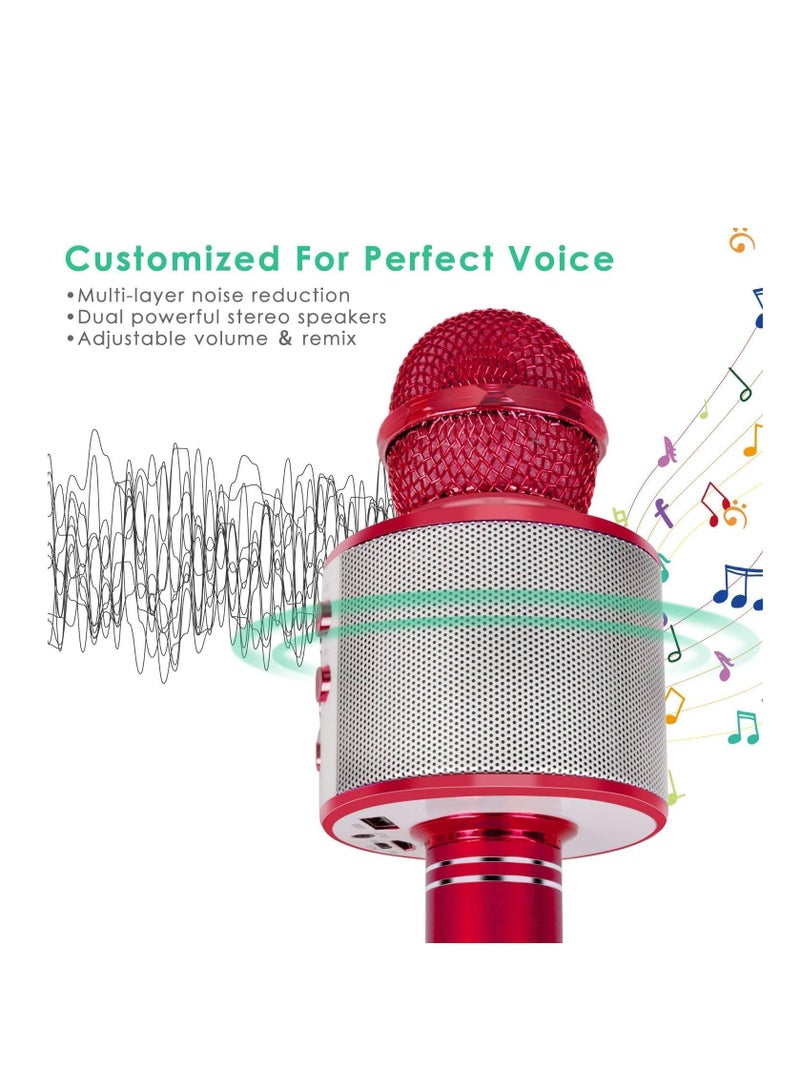Wireless Bluetooth Karaoke Microphone for Kids, 5-in-1 Portable Handheld Karaoke Mic Speaker Player Recorder with Adjustable Remix FM Radio for Kids Girls Boys Teens Birthday (Red) - Image 2