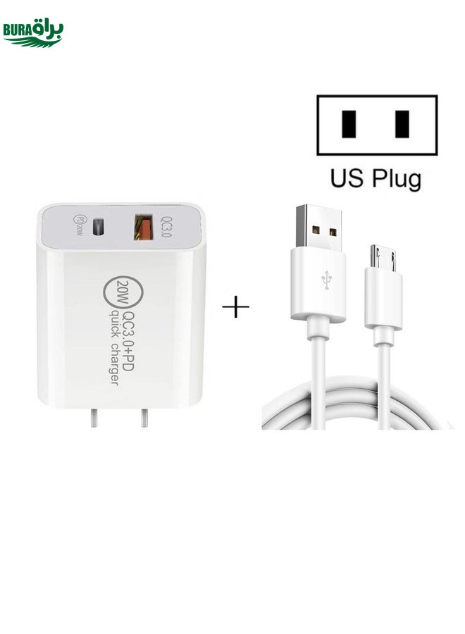 BURAQ 20W PD Type-C + QC 3.0 USB Interface Fast Charging Travel Charger with USB to Micro USB Fast Charge Data Cable US Plug - Image 1