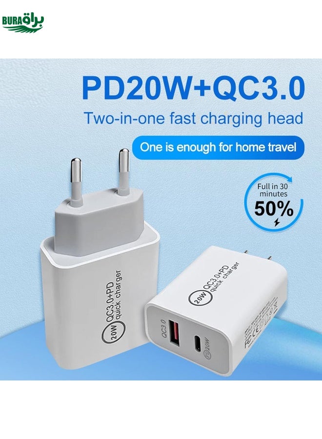 BURAQ 20W PD Type-C + QC 3.0 USB Interface Fast Charging Travel Charger with USB to Micro USB Fast Charge Data Cable US Plug - Image 3