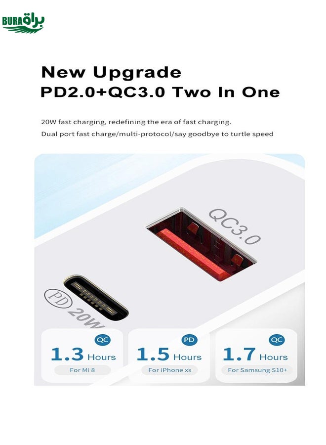 BURAQ 20W PD Type-C + QC 3.0 USB Interface Fast Charging Travel Charger with USB to Micro USB Fast Charge Data Cable US Plug - Image 4