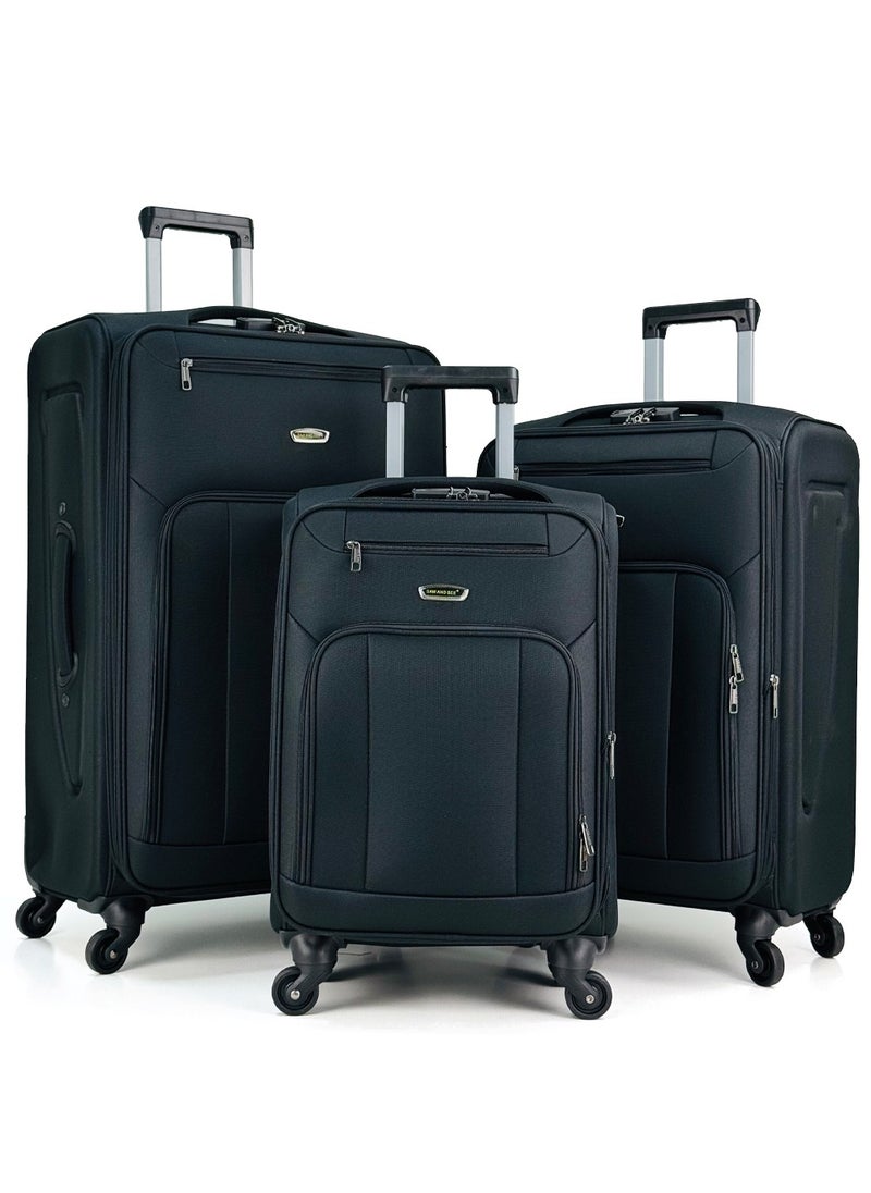 SAW & SEE 3-Piece Softside Expandable Luggage Set – Lightweight Travel Suitcase with Combination Lock, 360° Spinner Wheels, Durable Nylon-Cotton Fabric, Adjustable Telescopic Handle – Large, Medium & Carry-On Trolley Bags (20''/24''/28'') – Black  - Image 1