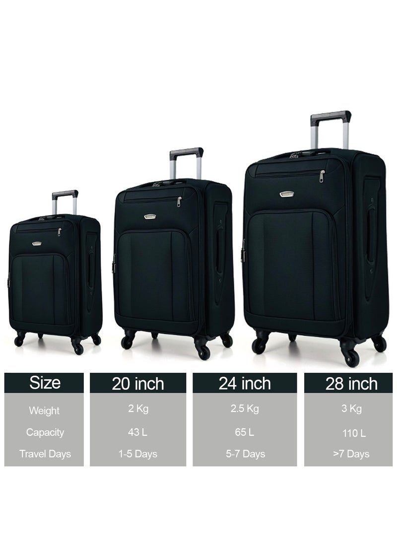 SAW & SEE 3-Piece Softside Expandable Luggage Set – Lightweight Travel Suitcase with Combination Lock, 360° Spinner Wheels, Durable Nylon-Cotton Fabric, Adjustable Telescopic Handle – Large, Medium & Carry-On Trolley Bags (20''/24''/28'') – Black  - Image 2