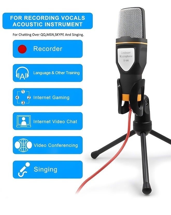 Studio Condenser Black Microphone, Professional HiFi Stereo Low Noise Cardioid Omnidirectional Wired Computer Microphone Set with Desktop Tripod for Recording Live Broadcast Speech, Plug and Play - Image 3