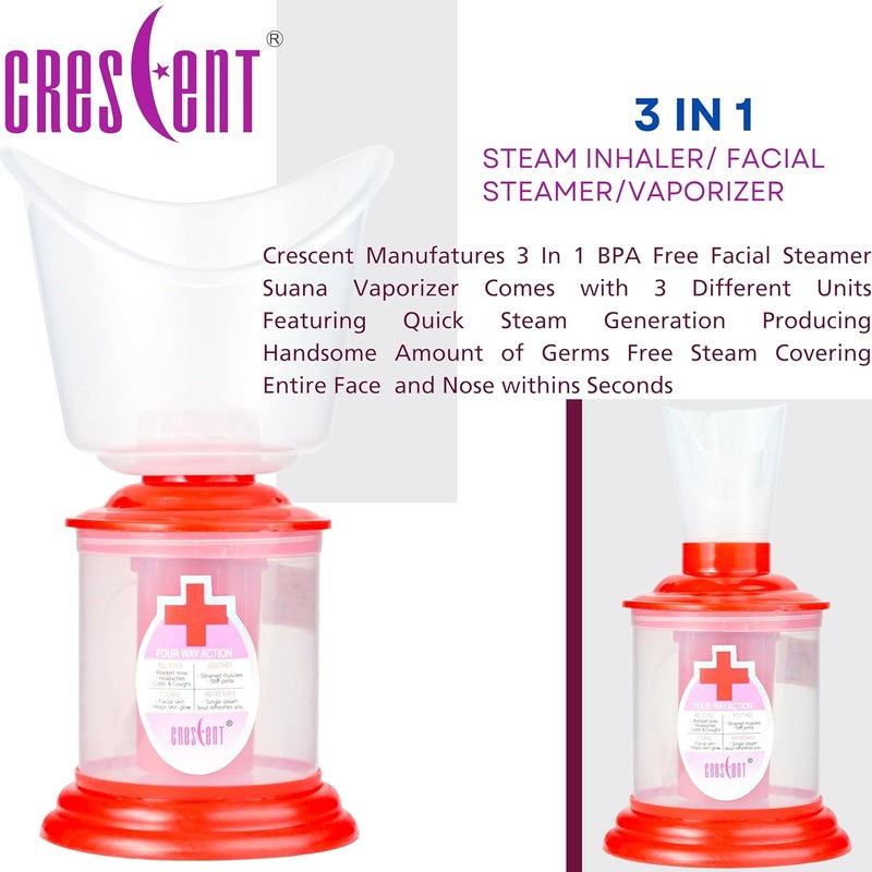 Crescent 3 IN 1 Facial Steamer Vaporizer for Cold and Cough and Facial for Face| Made in India| 3 Attachment| Red - Image 2