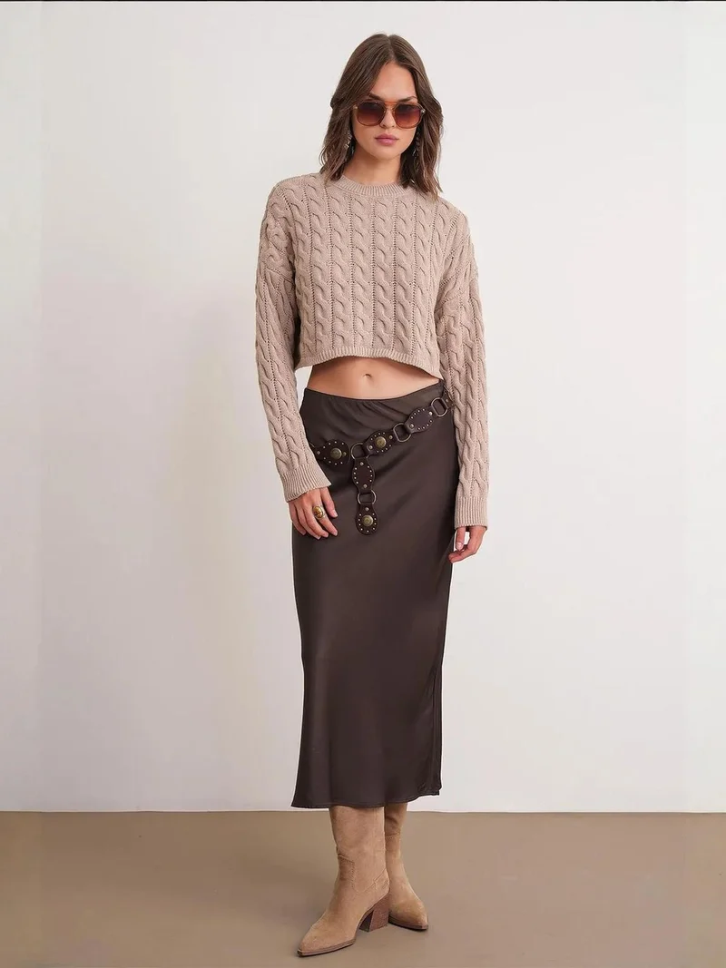 MixRay Mixray Cable Knit Pattern Crew Neck Sweater