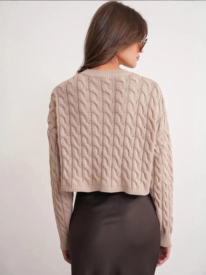 Mixray Beige Natural Mixray Cable Knit Pattern Crew Neck Sweater for Women | Best Price UAE
