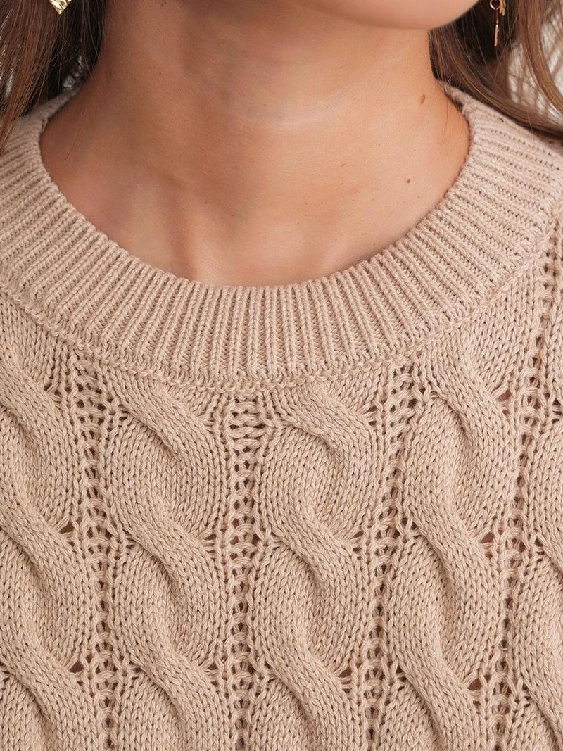 Mixray Beige Natural Mixray Cable Knit Pattern Crew Neck Sweater for Women | Best Price UAE