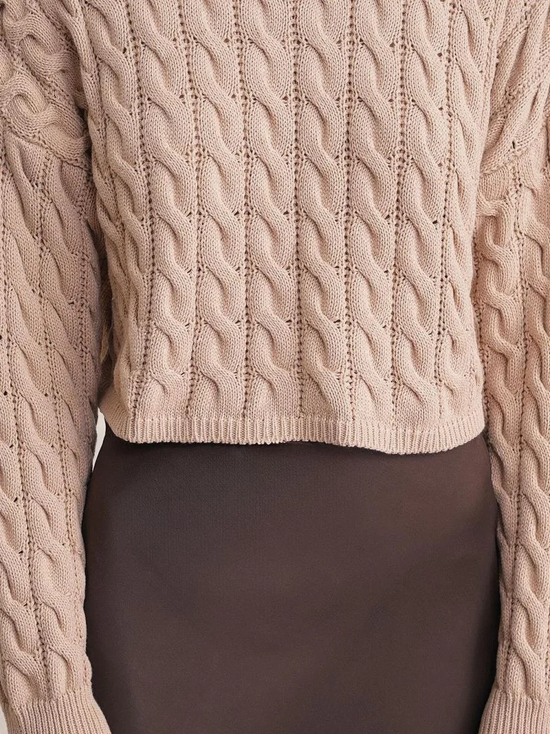 Mixray Beige Natural Mixray Cable Knit Pattern Crew Neck Sweater for Women | Best Price UAE