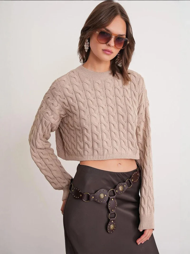 Mixray Beige Natural Mixray Cable Knit Pattern Crew Neck Sweater for Women | Best Price UAE