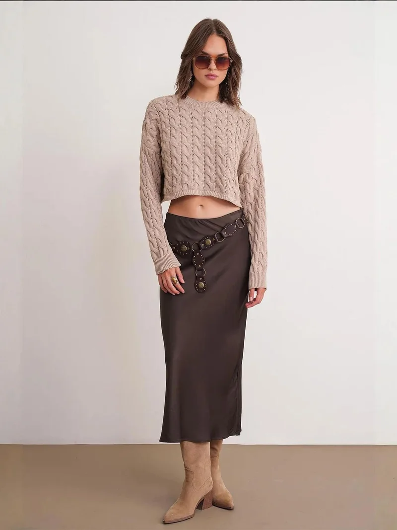 Mixray Beige Natural Mixray Cable Knit Pattern Crew Neck Sweater for Women | Best Price UAE