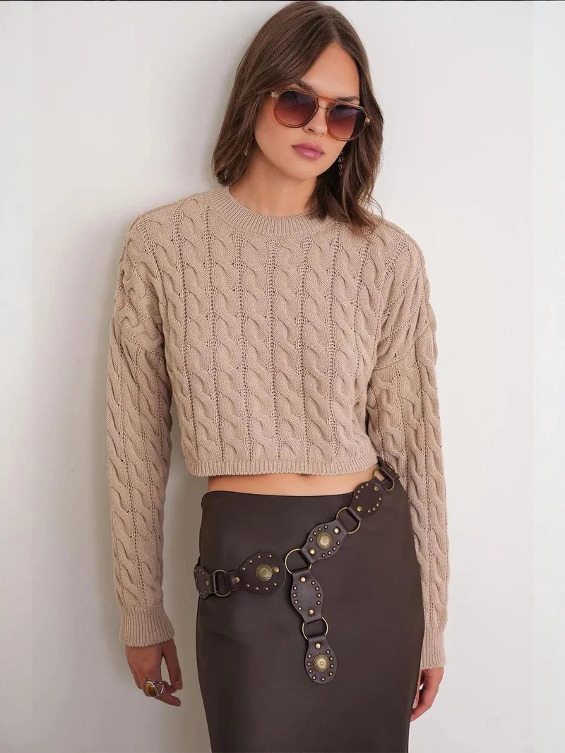 Mixray Beige Natural Mixray Cable Knit Pattern Crew Neck Sweater for Women | Best Price UAE