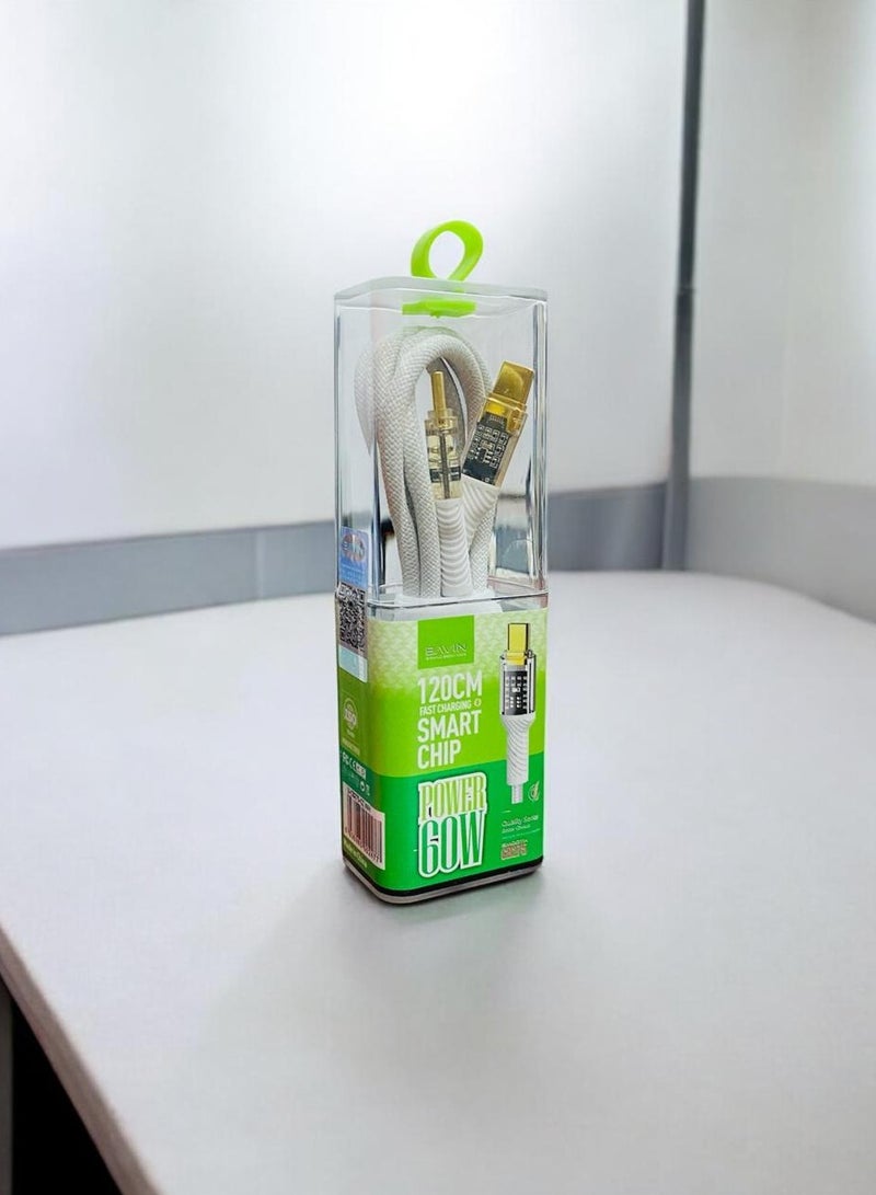 Bavin CB275 Power 60W Fast Charging Data Cable Smart Chip & Durable Braided Cable ForType-C120 CM White - Image 5