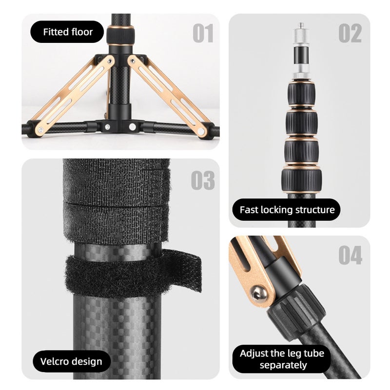 222cm/87.4in Portable Tripod Stand Video Light Stand Carbon Fiber 5-section Adjustable 3kg/6.6lbs Load Capacity with Detachable Center Column 1/4in & 3/8in Screw for LED Video Light / Flash Light/ - Image 5