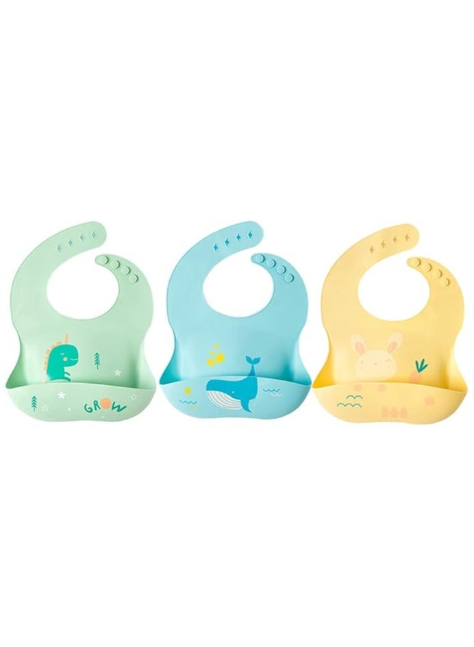 Pixie Baby Silicone Bibs Easily Clean Pack of 3, Soft Adjustable Waterproof Toddler Silicone Bibs for Babies Girl and Boy (Dinosaur, Whale, Bunny) - Image 1